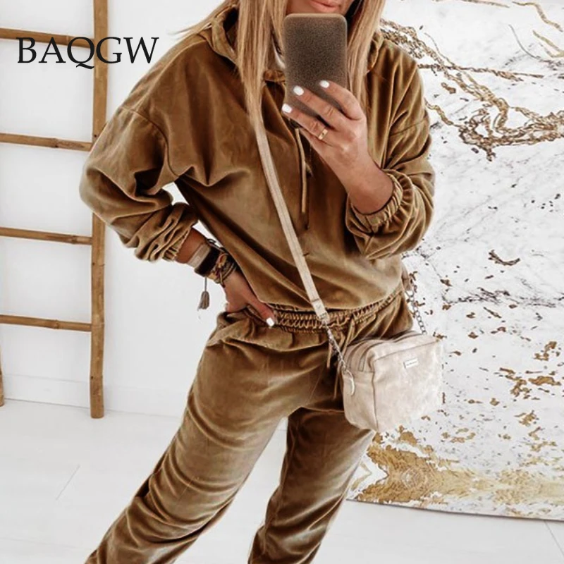 Autum Velour Two Piece Sets Women Tracksuit Velvet Pant Winter Matching Sets Woman Hooded Top + Pants Fashion Streewear Outfits