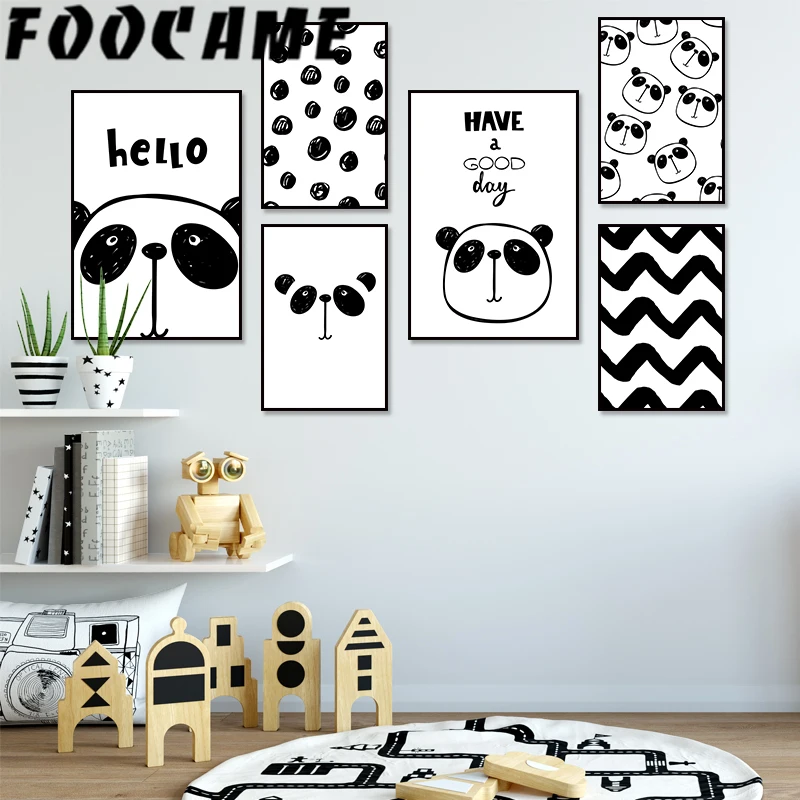 Cartoon Panda Black and White Poster Nordic Kids Decoration Canvas Painting Print Nursery Wall Art Baby Room Pictures Home Decor