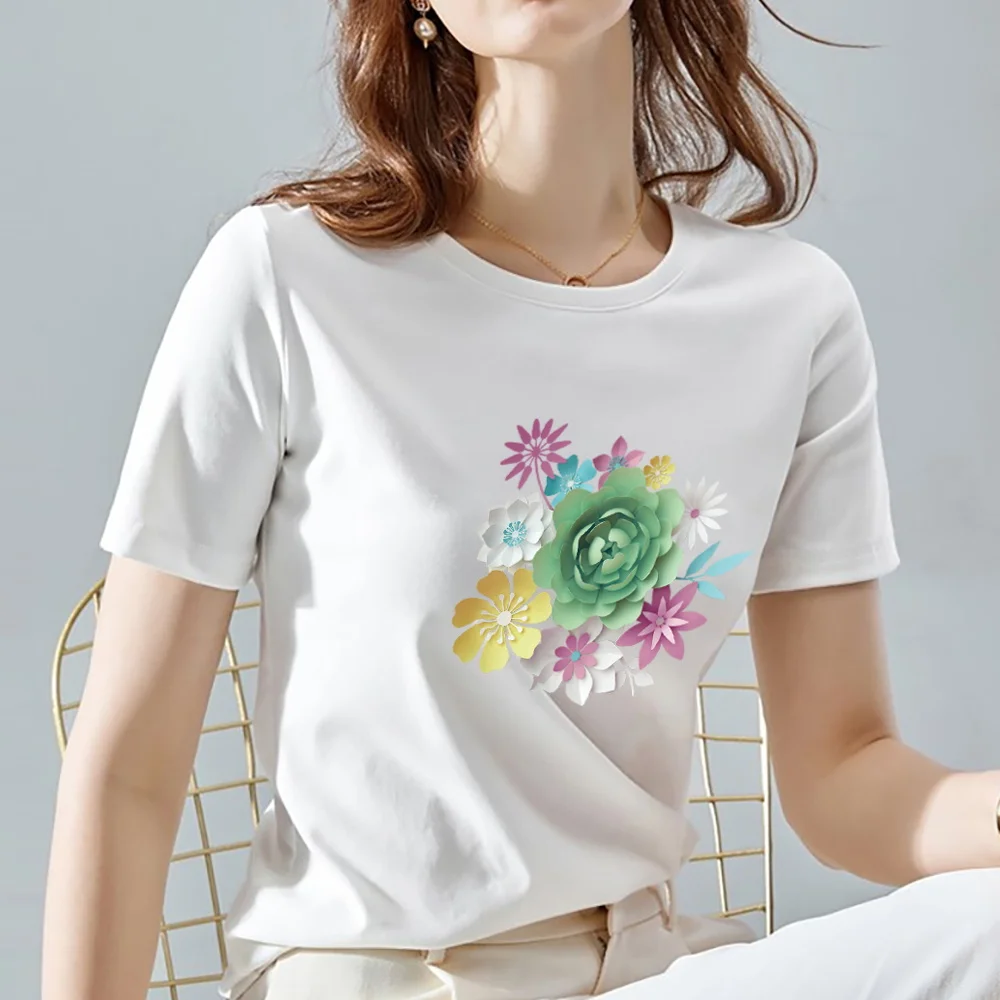 Women's T-shirt Casual Classic Simple Top Pattern 3D Flower Print Pattern Series Top Round Neck Ladies Wild Slim Short Sleeve