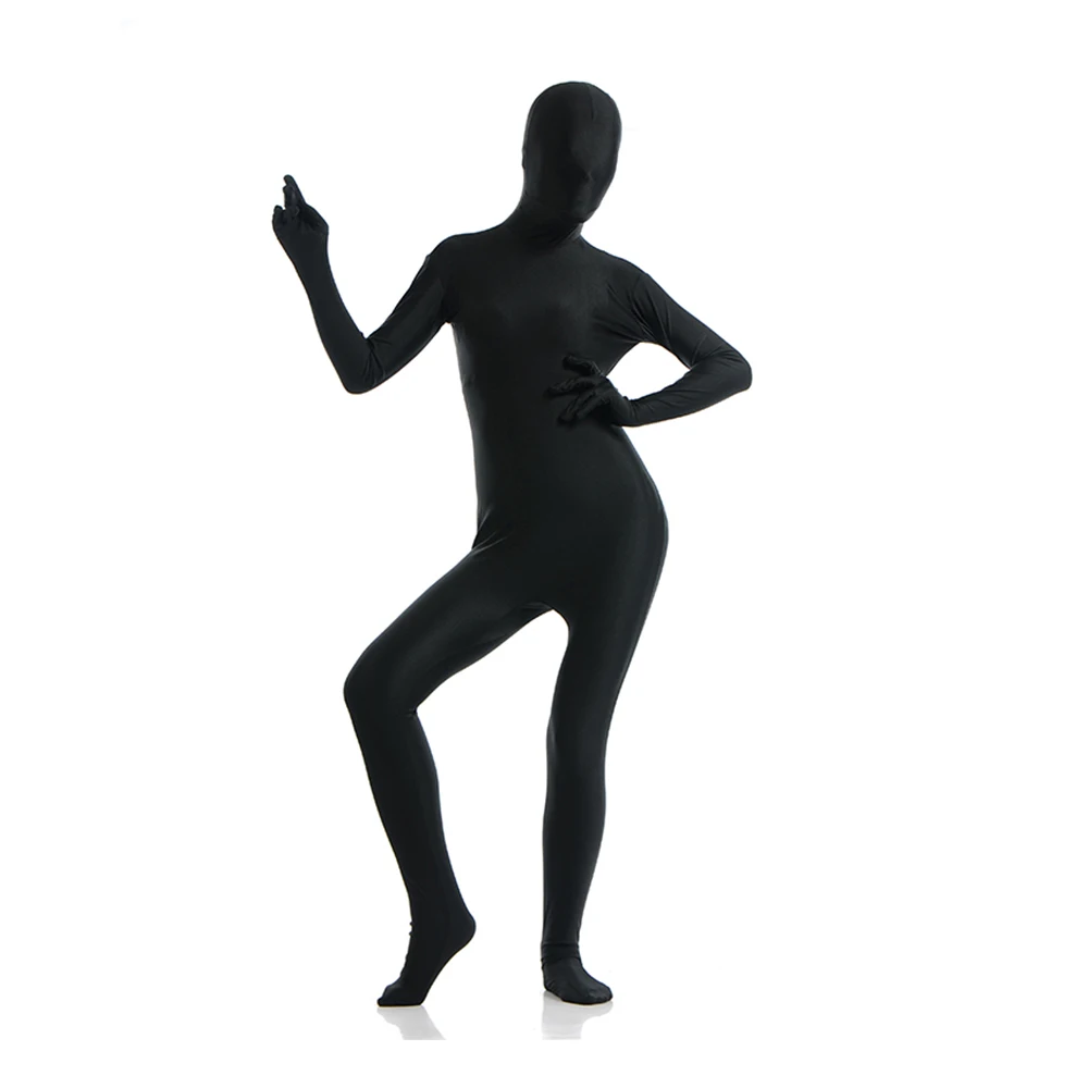 Trajes personalizados de Zentai preto, terno de pele de corpo inteiro Catsuit para o Dia das Bruxas, Adicionar zíper de crotch