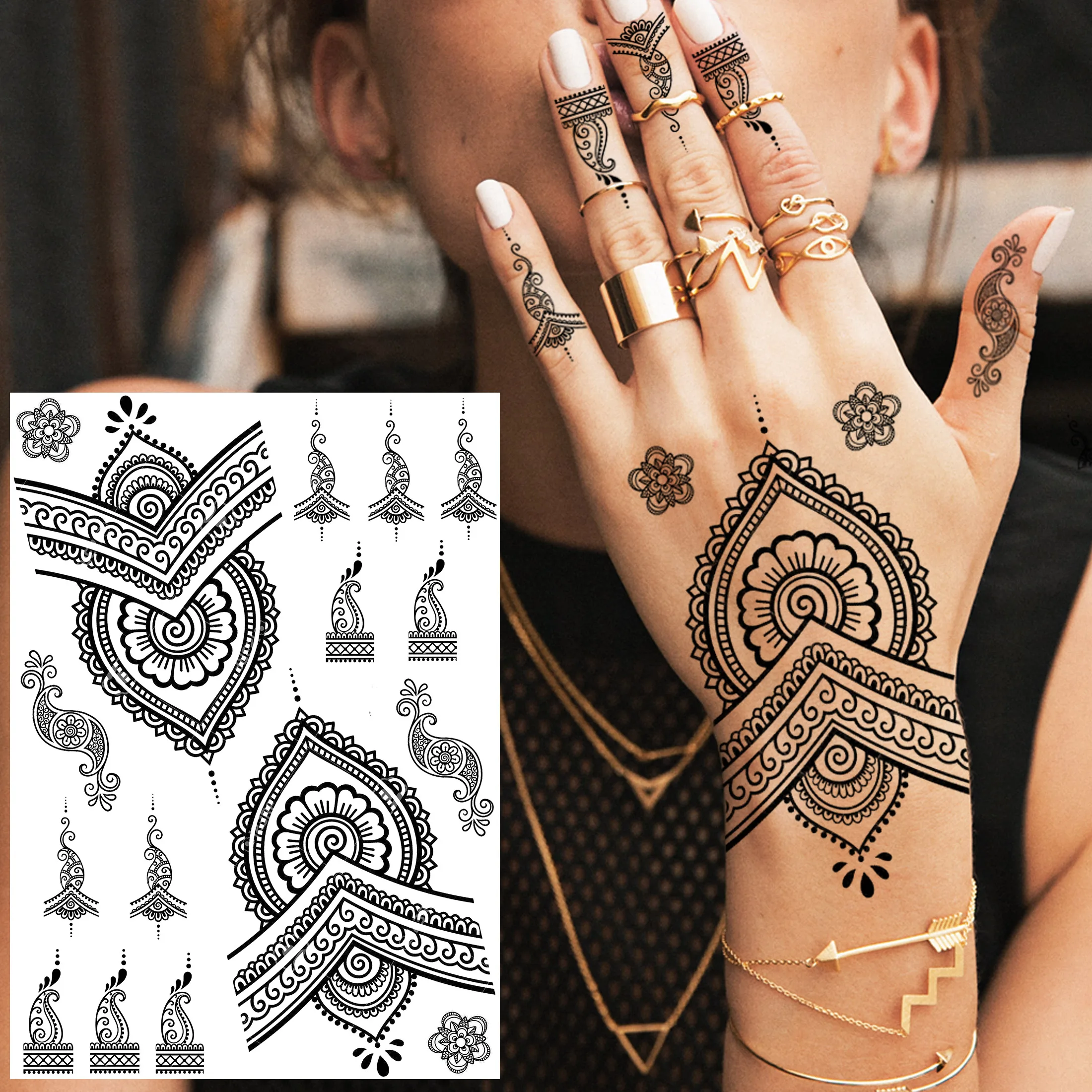 REJASKI Black Henna Lace Temporary Tattoos Sticker For WOmen Butterfly Moth Mehndi Flower Fake Tatoo Sticker Feather Flora Tatoo