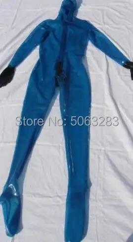 TRANSPARENT BLUE FULL COVER LATEX CATSUIT WITH BLACK GLOVE ZIP HIDDEN PENIS CONDOM CUSTOMIZED