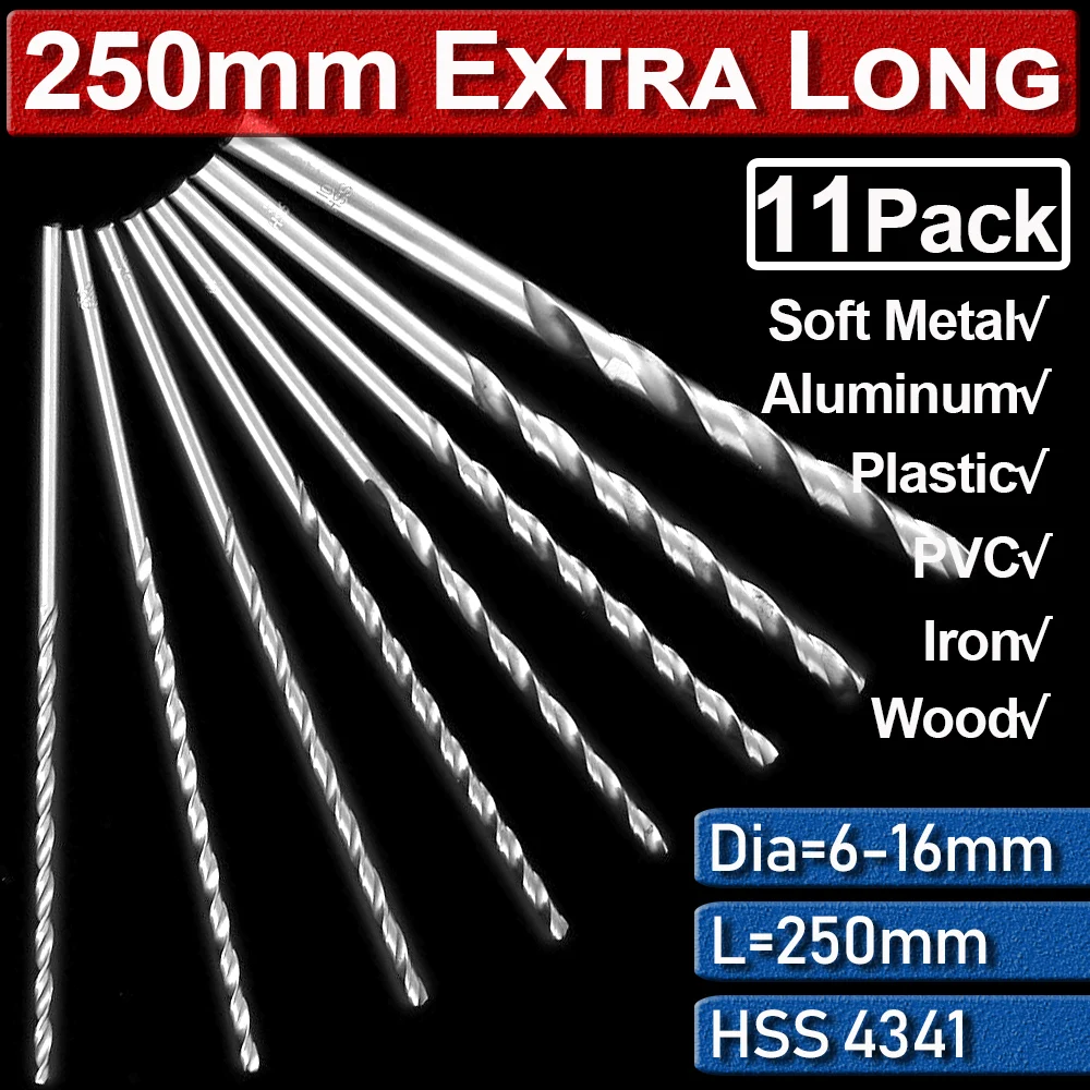 Brocas helicoidales HSS, acero de alta velocidad Extra largo para perforación de Metal de 6mm-16mm, 6/7/8/9/10/11/12/13/14/15/16mm, Extra broca larga