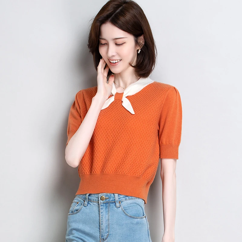 

Women Cashmere Blouse Elegant Bow Collar 100% Wool Knitwear Female Short Sleeve Pure Wool Sweater Tops Pullovers Slim