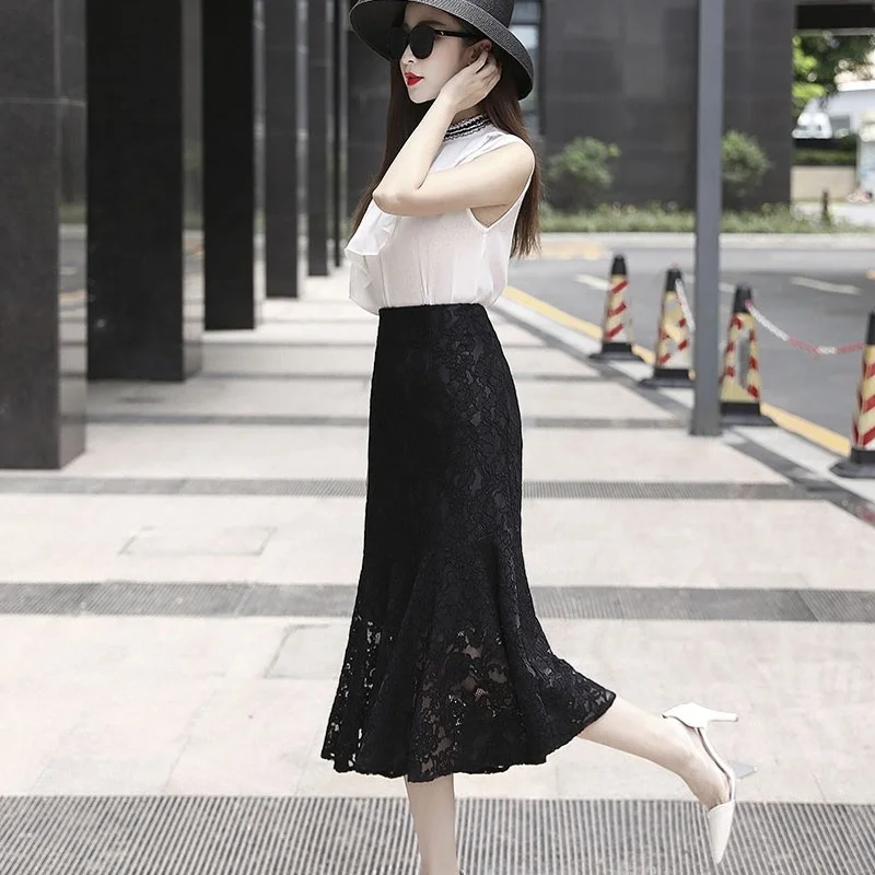 Womens New Lace Casual Skirt Office Lady Ruffle Zipper Mid-Calf High Waist Skirt Korean Style Fashion Elegant A-Line Skirt