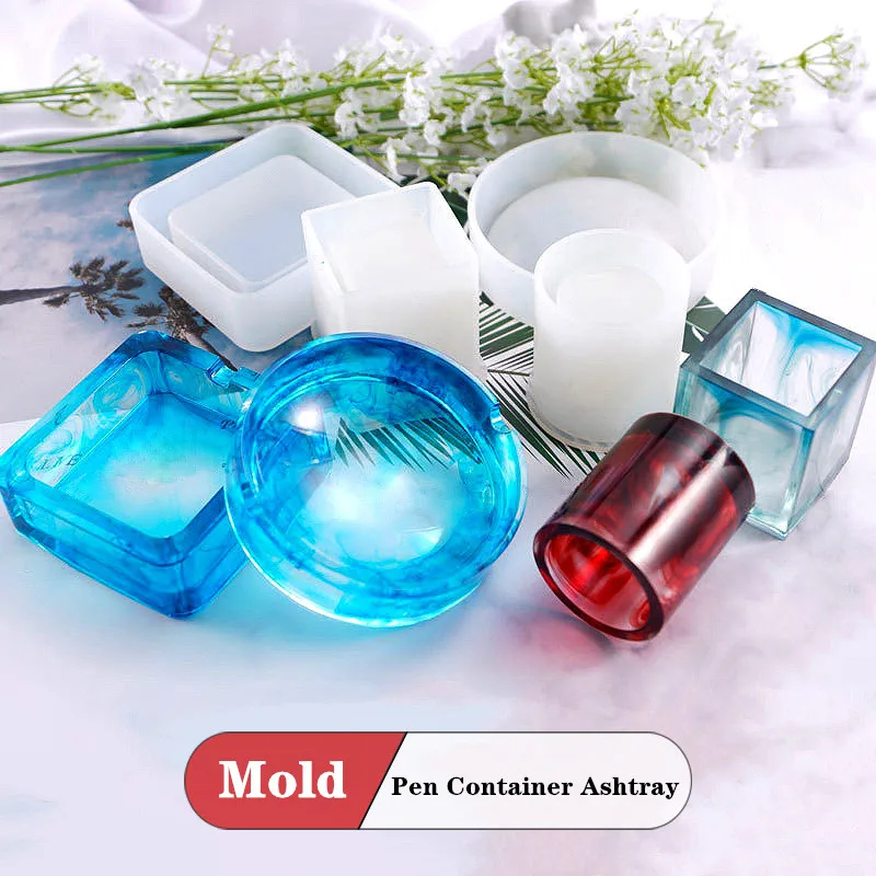 DIY Round Pen Container Ashtray Silicone Mold High Mirror Square Round Mould For Table Home Decoration Resin Art Mold Making