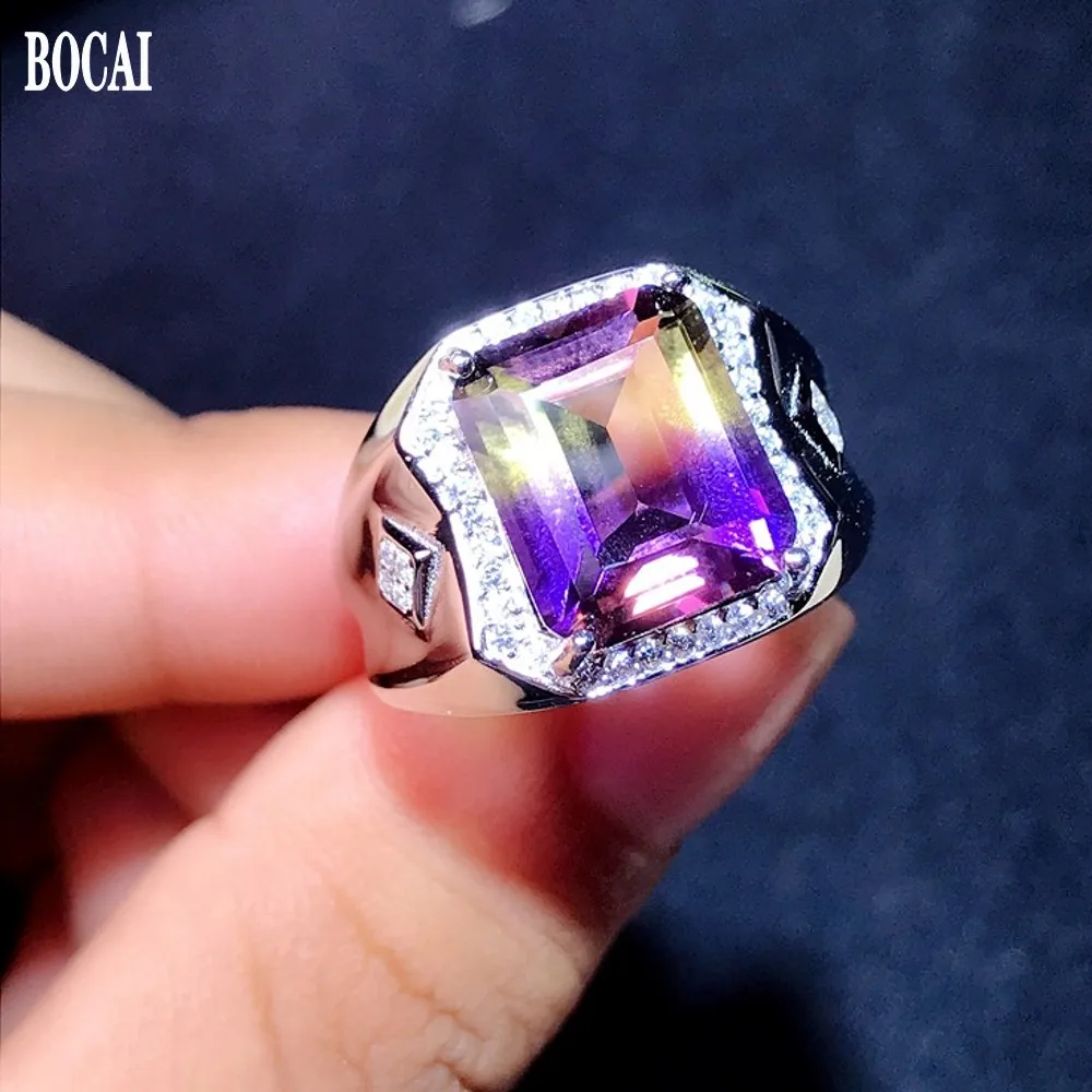 BOCAI  100% real New s925 pure silver inlaid with amethyst man ring noble and elegant amethyst gives boyfriend  Gift