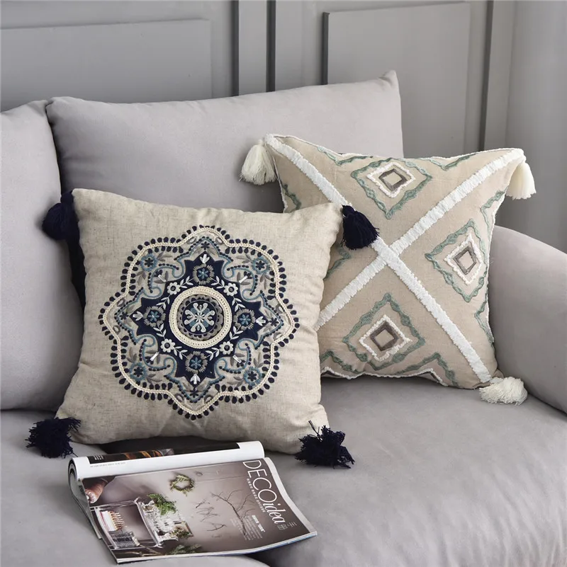 

American Tassels Floral Embroidered Cushion Covers Nordic Geometry Diamond Throw Pillowcases Cotton Linen Modern Pillow Covers