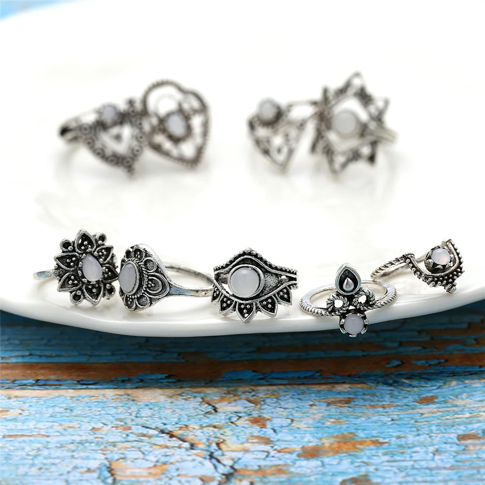 Vintage Silver Color Various Flower Geometric Ring Sets For Women New Boho New Adjustable Fashion Rings Female Valentine Gift