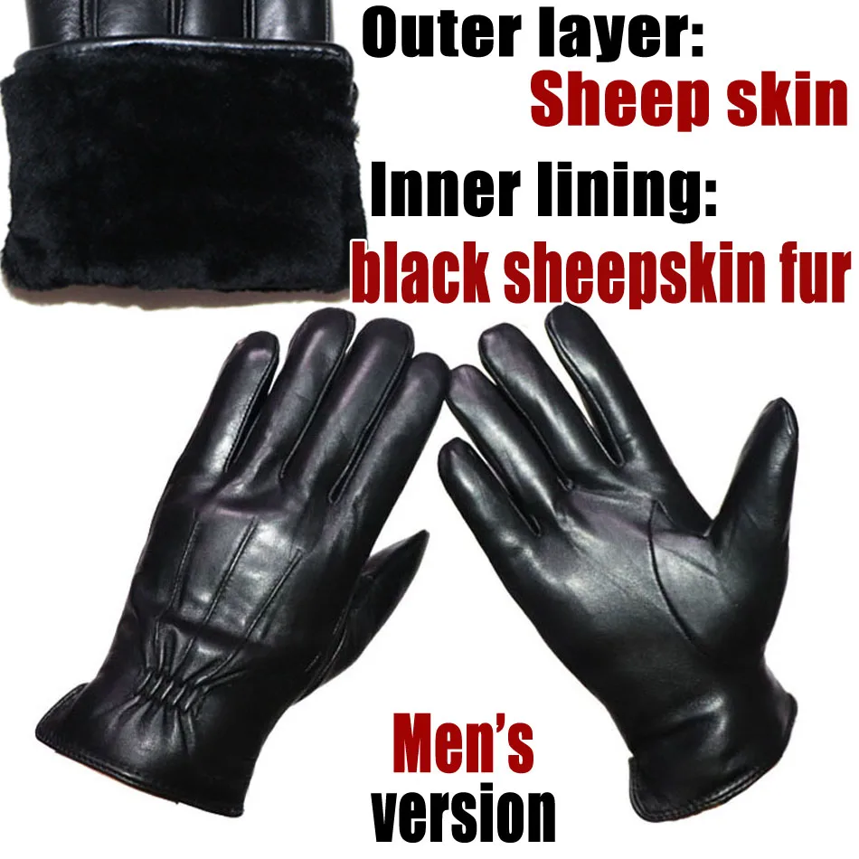 Deerskin Pattern Male Leather Gloves Sheepskin-fur in one  Gloves Female Goatskin  Sheep Fur Wool Gloves Winter  Thickening Warm