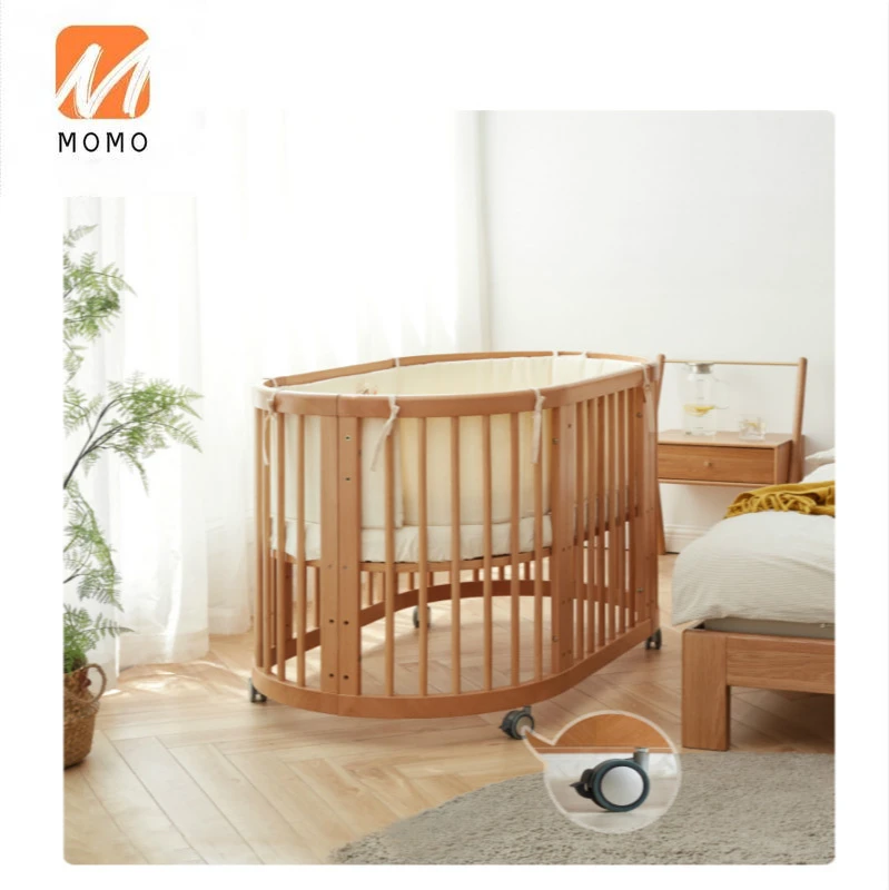 Wooden Bed Modern Simple Beech Fence Edge Protection Baby Bed Nordic Bedroom Adjustable Crib