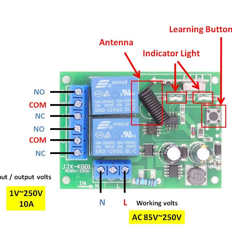 433Mhz RF Universal Remote Control for Garage Door Curtains Electric Door by AC 85V 250V 2CH 10A Relay Receiver and Controller