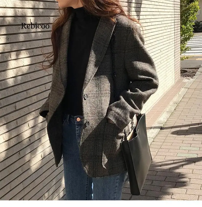 Veste de printemps Vintage pour femmes, manteau de Style coréen à carreaux, vêtements d'extérieur, décontracté, tenue de bureau, vestes de travail, Blazer, 2020