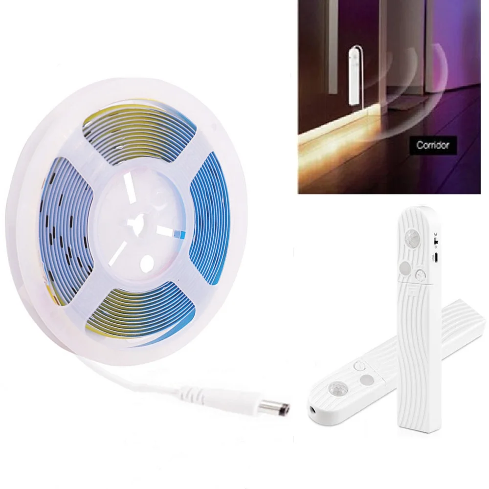 5V COB LED Strip Light PIR Motion Sensor FOB LED Tape 320Leds/m High Density COB Flexible Rope Lights Lamp USB Battery Powered