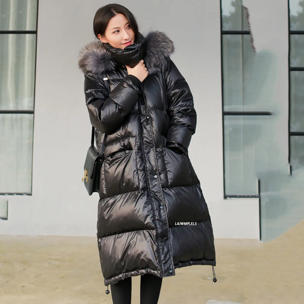 2021 Long Down Jacket Women Winter Black Loose Real Raccoon Fur Hooded Fashion Waterproof Female Duck Down Puffer Coat