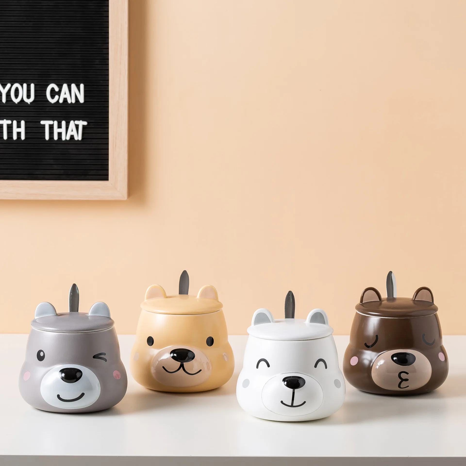 Cartoon bear ceramic mug with lid water cup gift set can be ordered in bulk