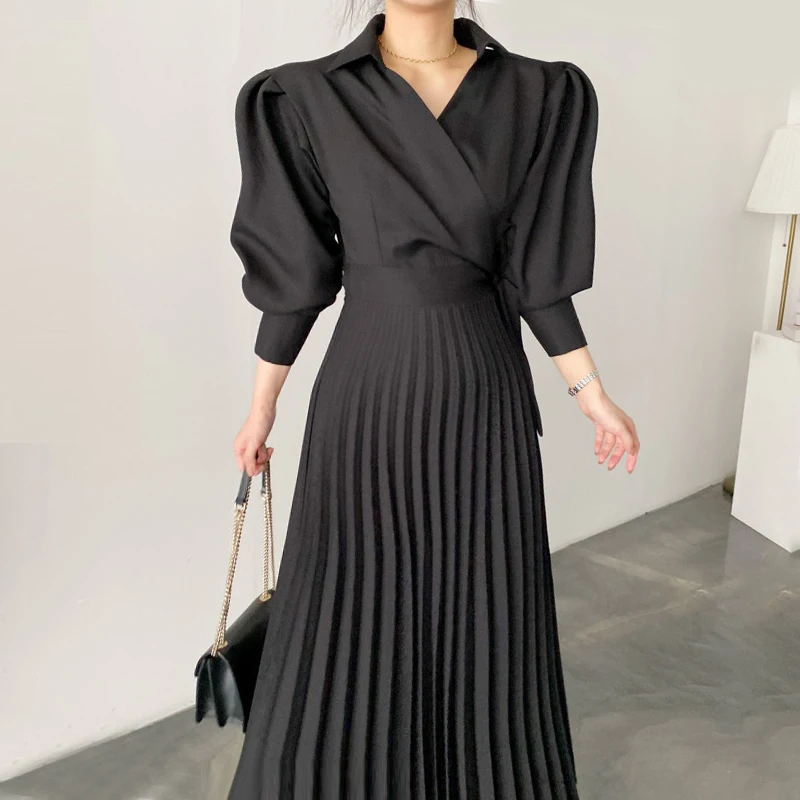 Long Sleeve High Waist Spring Luxury Autumn 2022 Woman Pleated Dress Female A-Line Party Elegant Vintage Maxi Dresses for Women