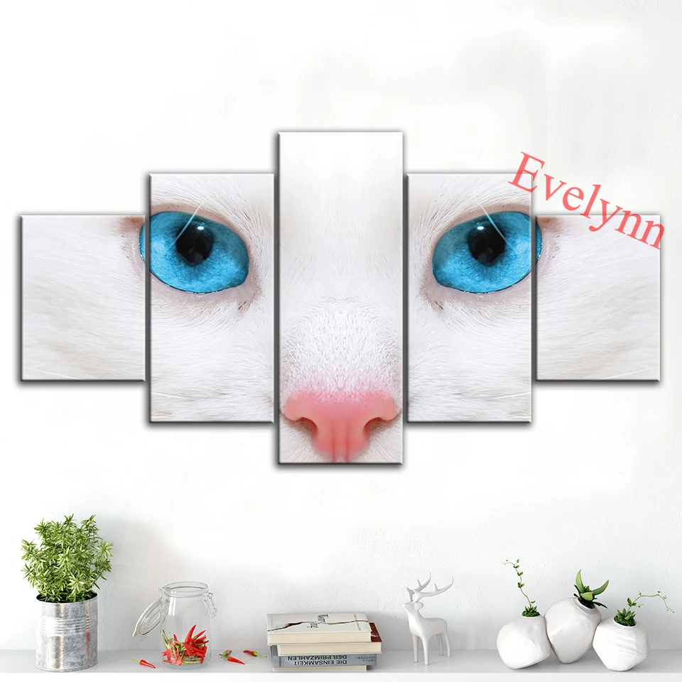 

White Cat Blue Eyes 5 Pieces Animal Oil Painting Posters and Prints on Canvas Wall Art Modular Pictures for Living Room Frame