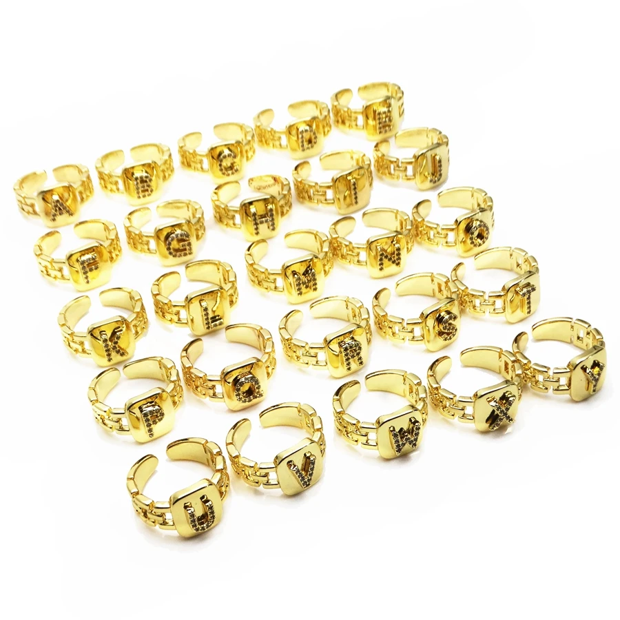 Opening adjustable ring 26 English letter rings watch strap style ring Copper Zircon Letter Rings for women Party Jewelry