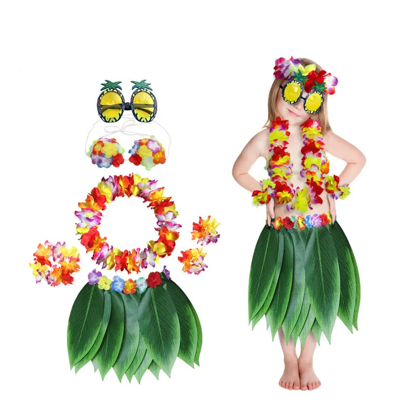 Kid Adult Hawaiian Artificial Tropical Leaves Flower Skirt Hula Boho Dance Skirts Party Hawaii Grass Skirt Beach Holiday Costume