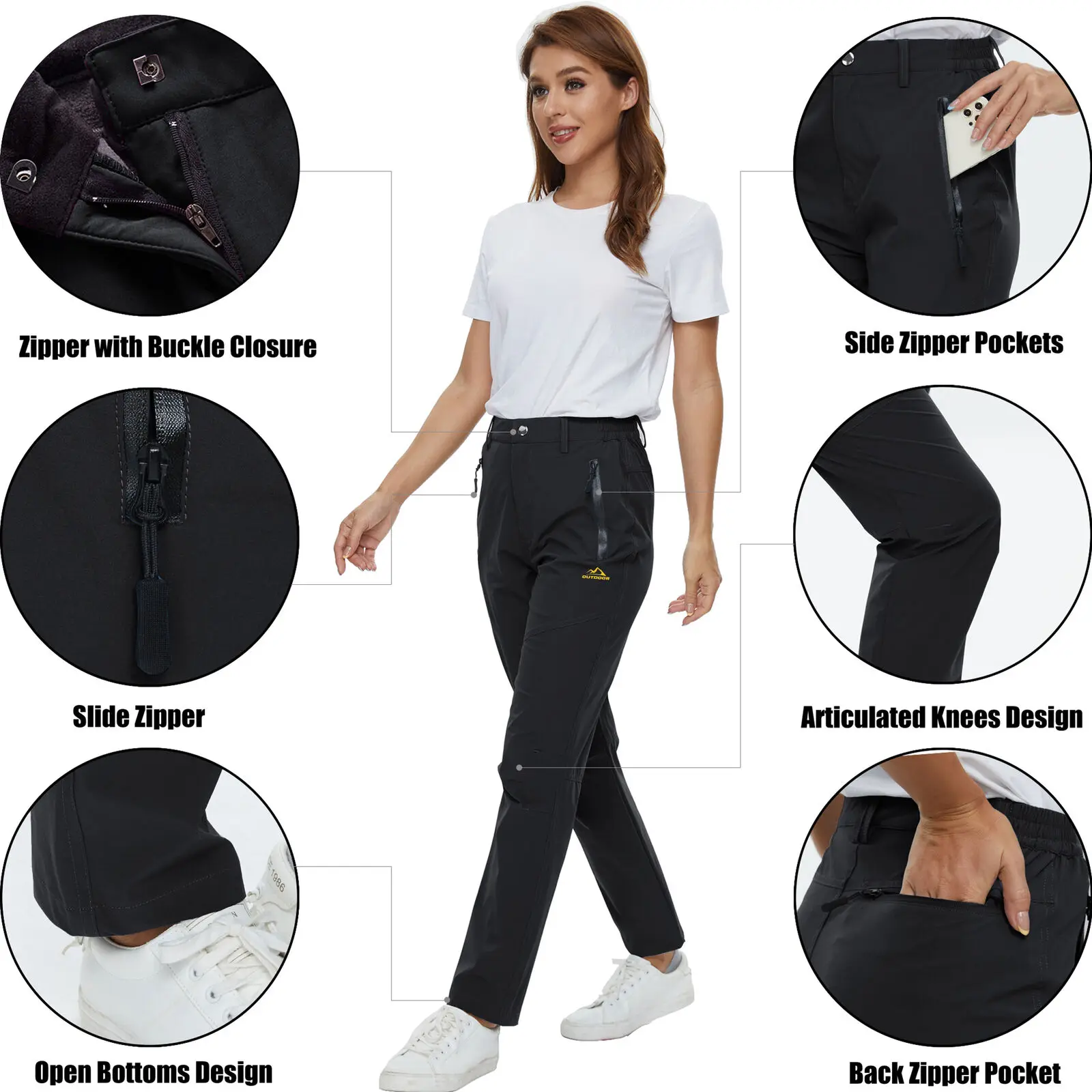 TACVASEN Women's Warm Fleece Lined Windproof Waterproof Shell Pants Soft Work Pants Outdoor Hiking Ski Trousers with Zip Pockets