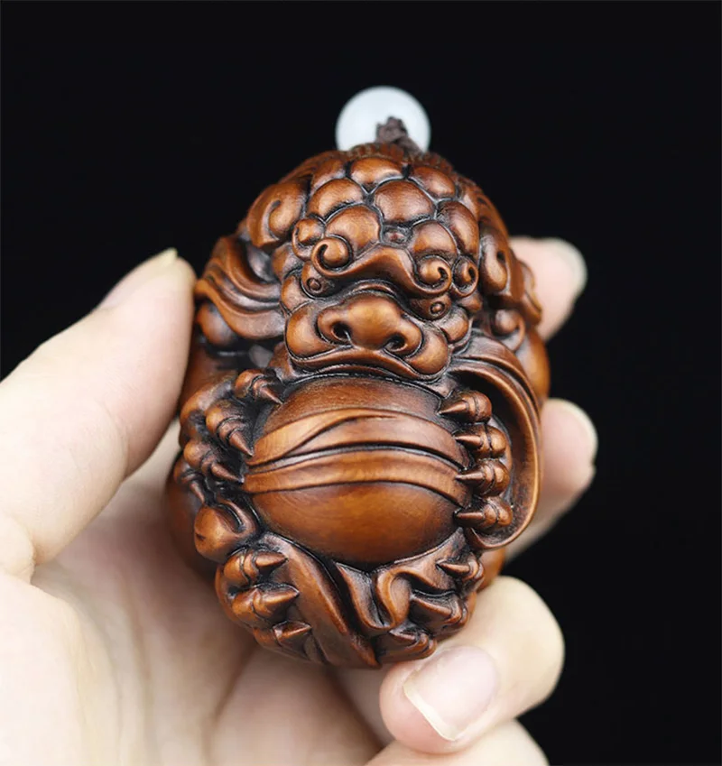 

6CM Pixiu Pendant Boxwood Hand Carved Boxwood Figurine Carving Dragon Baby Netsuke Pendant Feng Shui Sculpture - #W025