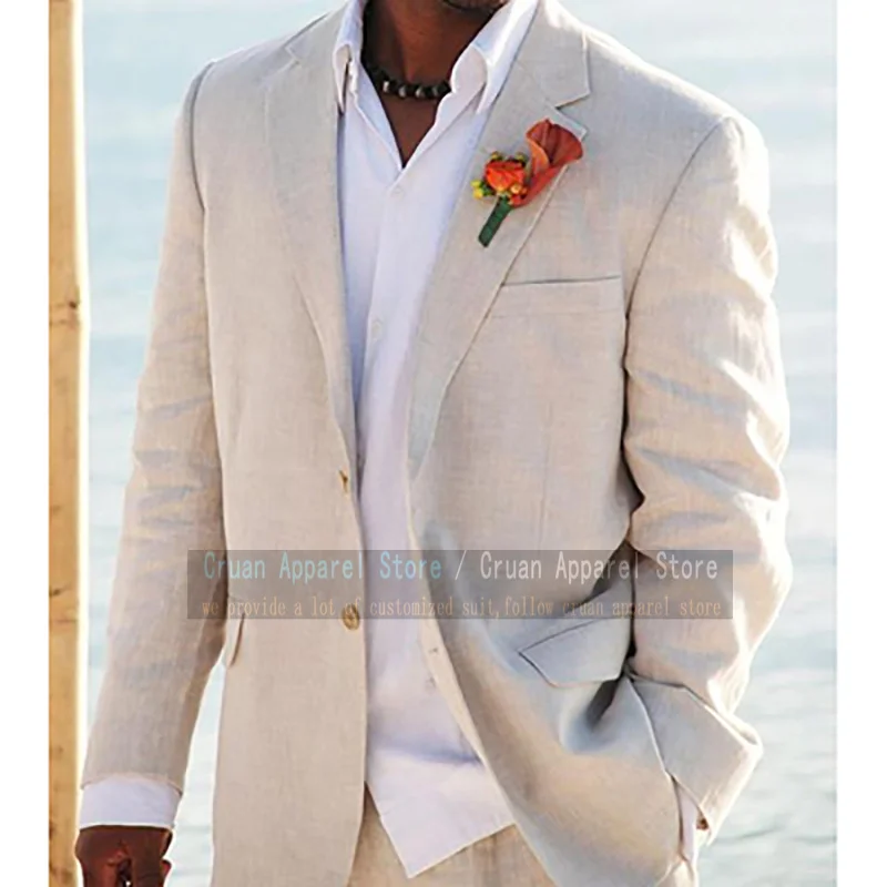 

Latest Beige Beach Wedding Men Suits Set Slim Fit Causal Summer Linen Male Blazer Groom Tuxedo Jacket Pants 2 Pieces Clothing