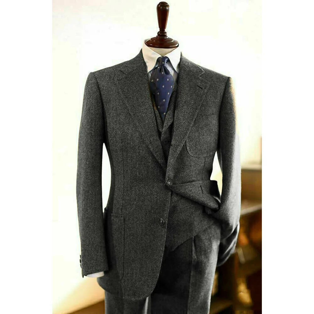 

Tweed Herringbone Men Suit Set Wedding Blazer Ternos Smoking Masculino Luxo Grey Formal Tuxedo Custom Made 3 Pieces Groom Coat