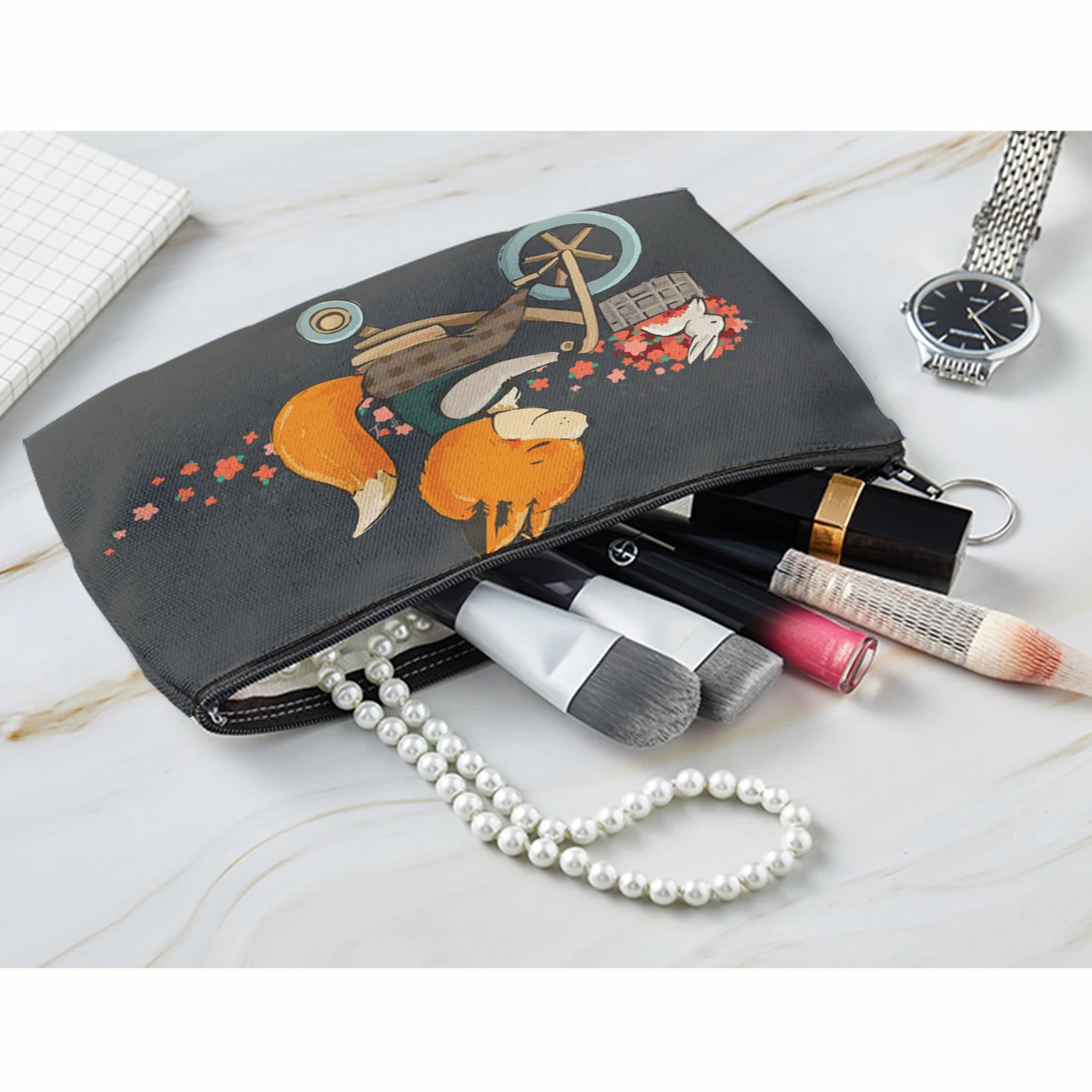 Bolsa de cosméticos Kawaii con estampado de zorro y tiburón para mujer, Neceser de maquillaje portátil, organizador de gran capacidad, estuches de