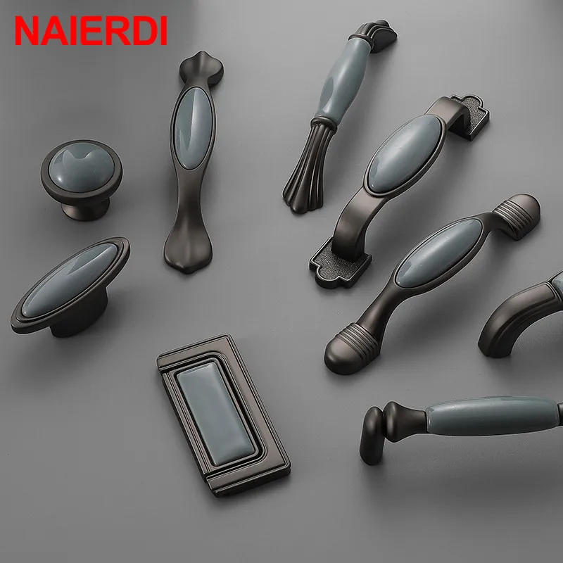 NAIERDI Ceramic Cabinet Knobs Handles Mediterranean Blue Gray Wardrobe Door Pulls European Furniture Handle Cabinet Hardware