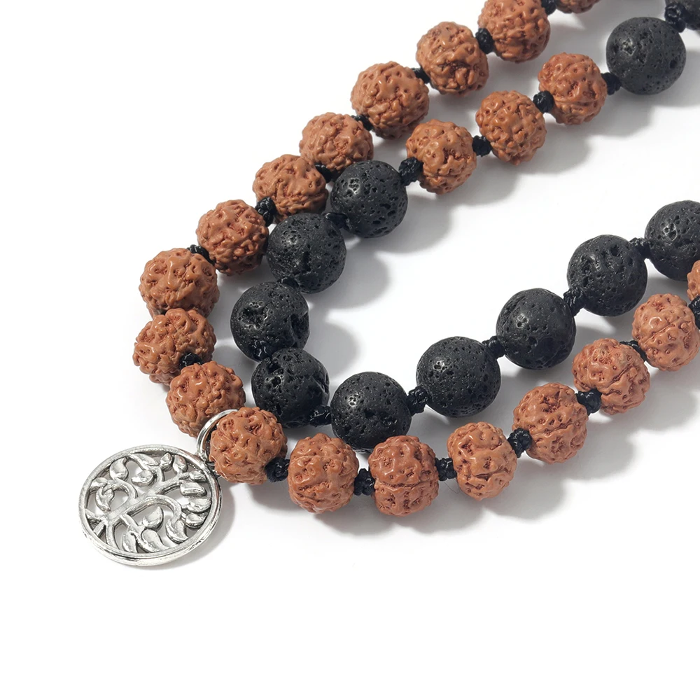 Rudraksha&Black Lava Beaded Knotted 108 Mala Necklace Meditation Yoga Japamala Jewelry with Tree of Life Charm