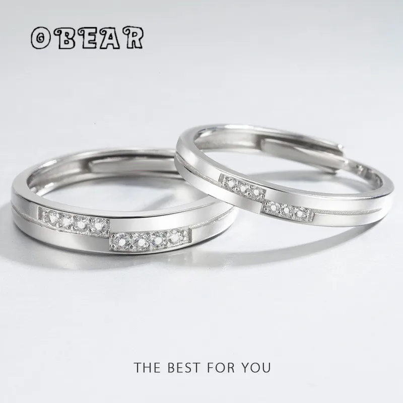 

OBEAR 100% 925 Sterling Silver Shiny Zircon Adjustable Ring Couple Sweet Romantic Engagement Birthday Gift Jewelry