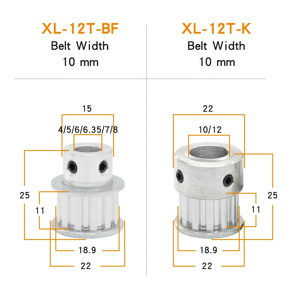 Timing Pulley XL-12T Bore 4/5/6/6.35/7/8/10/12 mm Alloy Pulley Wheel Pitch 5.08 mm BF&K Shape For Width 10 mm XL Timing Belt