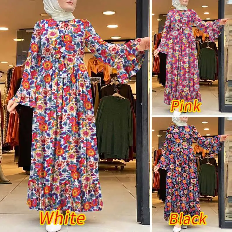 ZANZEA Muslim Women Vintage Floral Printed Abaya Turkey Hijab Dress Spring Long Sleeve Kaftan Vestido Loose Sundress Oversized