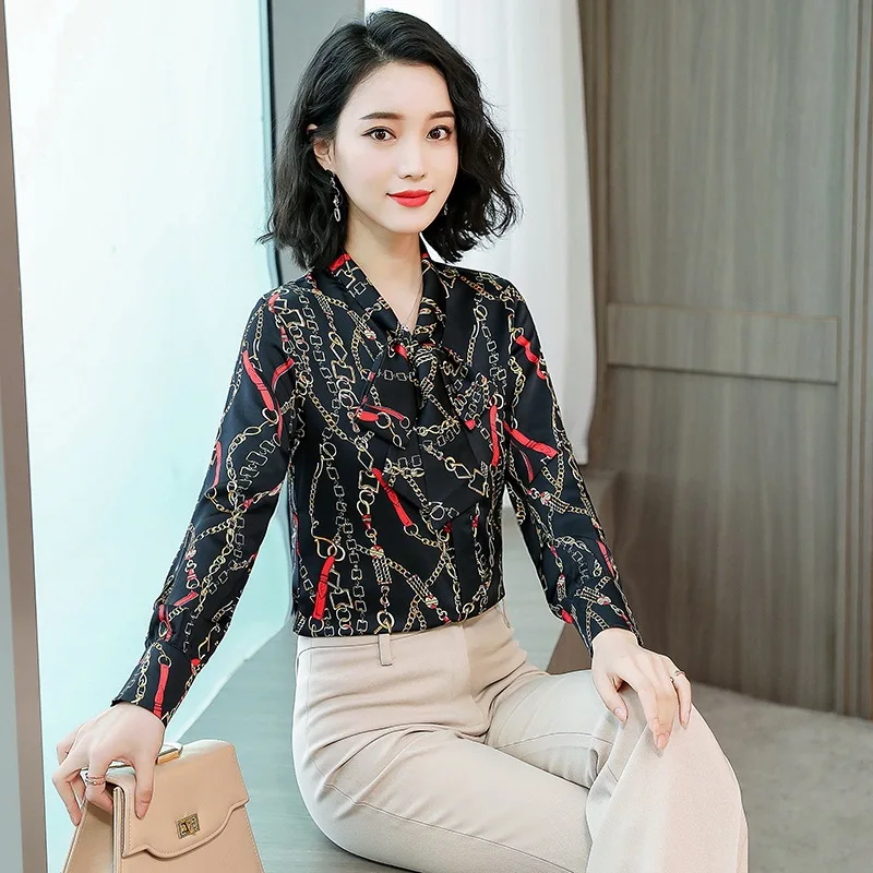 Kantor Musim Semi Blus Musim Panas Wanita Imitasi Kemeja Sutra Korea Lengan Panjang Fashion Wanita Atasan dan Blus Elegan A02