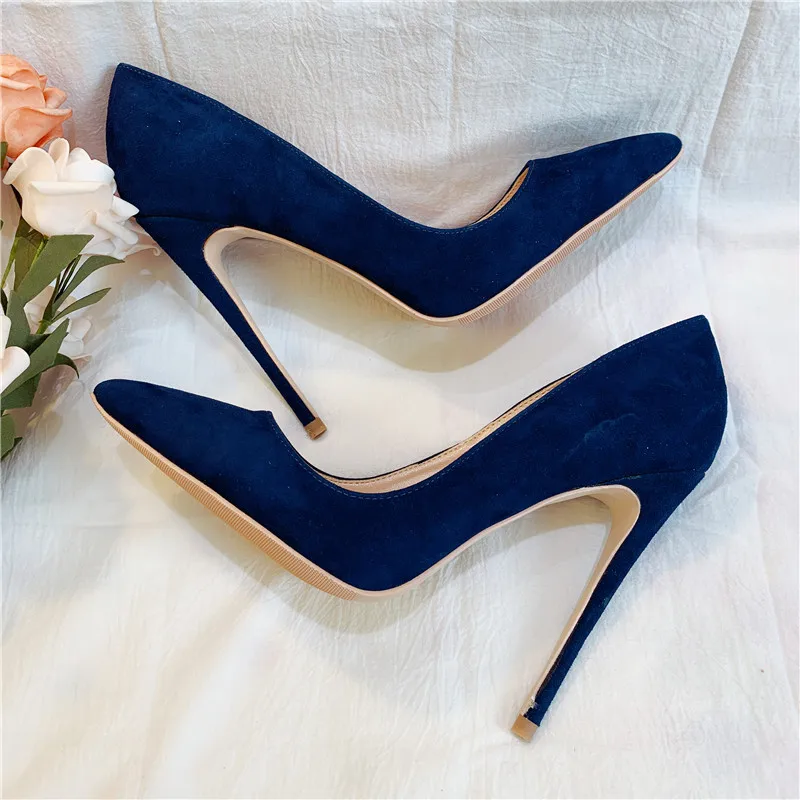 Navy Blue Suede Leather Poined Toe Pumps Stiletto High Heel Slip-On Banquet Shoes Woman Thin Heels Lady Dress Party High Heels