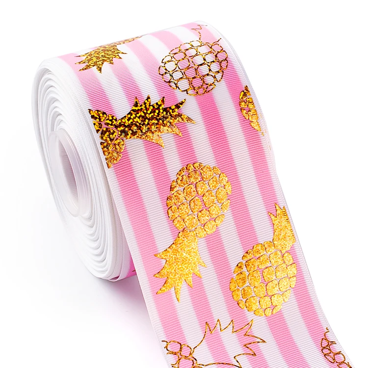 

Winsome 75mm 3inch 50yard gold laser foil pineapple on heat transfer colorful stripe Grosgrain Ribbon