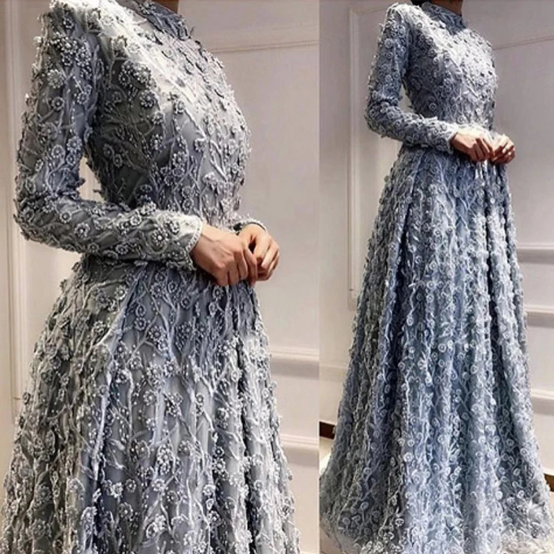 Dusty Blue Evening Dress arab 2019 Muslim Crystal Pearl Flower Lace Formal Prom Party Gown Long Sleeves A Linevestidos de fiesta