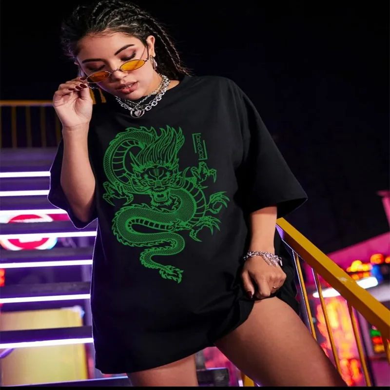 

Streetwear Tops Women's T-shirt Ulzzang Harajuku Vintage Chinese Dragon Print T-shirt Summer New Oversize Loose Casual Women