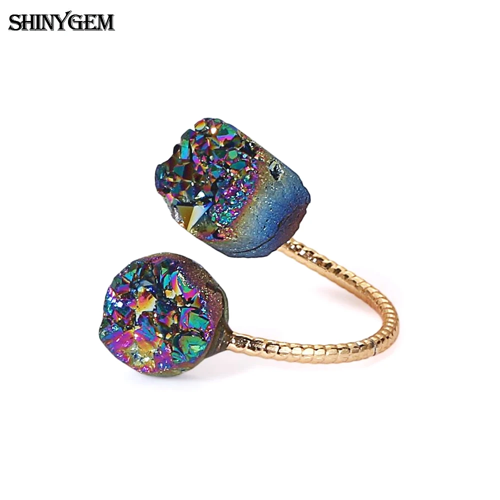 ShinyGem Vintage Natural Irregular Sparkly Double Druzy Stone Ring Gold Plating Adjustable Sizs For Women Wholesale Jewelry 5pcs