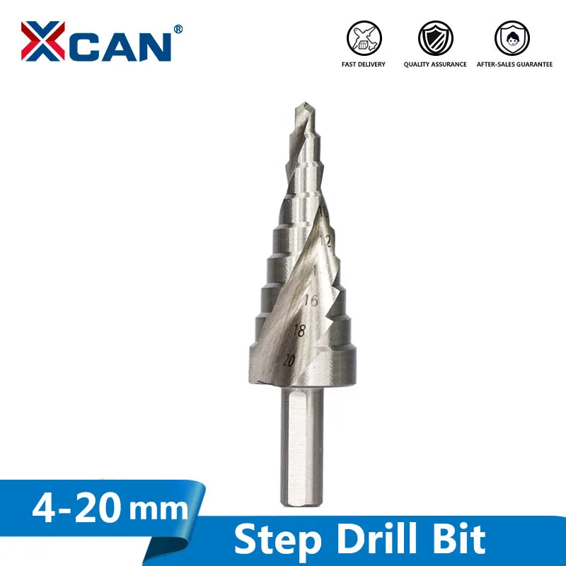 XCAN wiertło stożkowe stopniowe wiertło 1pc 4-20mm HSS wiertło krokowe do drewna Metal Hole Cutter narzędzia do wiercenia spiralne rowek rdzeń wiertła