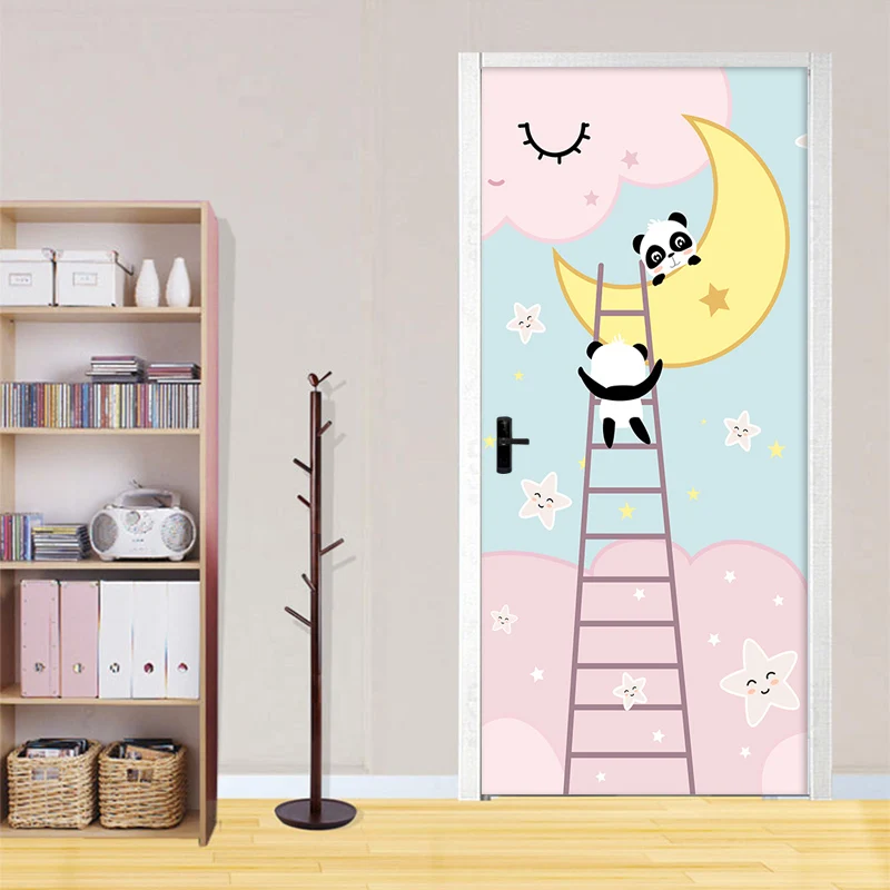 DIY Cartoon Little Bear Climbing Stairs PVC Self-adhesive Waterproof Door Stickers Living Room bedroom Door Decor Decal Sticker
