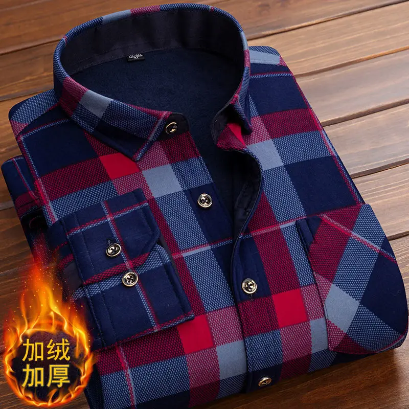 Men Fleece Shirt 2024 Autumn Winter Male Long Sleeve Plaid Shirt Thick Fleece Lined Soft Casual Flannel Warm Dress Shirt L-5XL