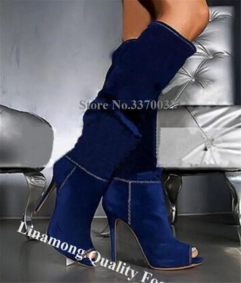 

Linamong Western Peep Toe Dark Blue Denim Knee High Stiletto Heel Boots Slip-on Sexy Long High Heel Boots Motorcycle Boots