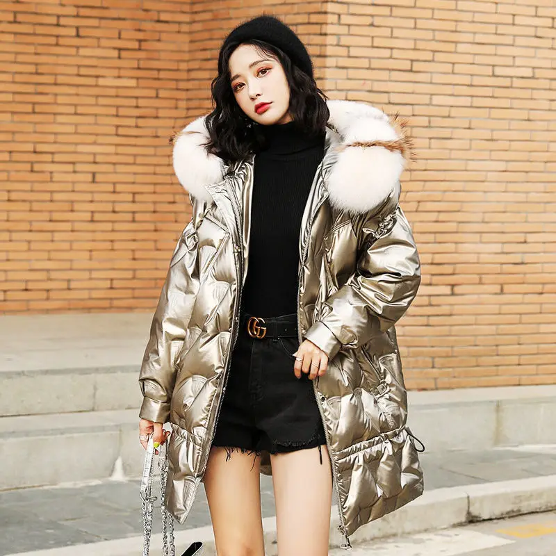 New Oversize Winter Glossy Coat Women Big Fur Collar Cotton Coat Female Thick Warm Hooded Down Cotton Jacket Parka Long Overcoat