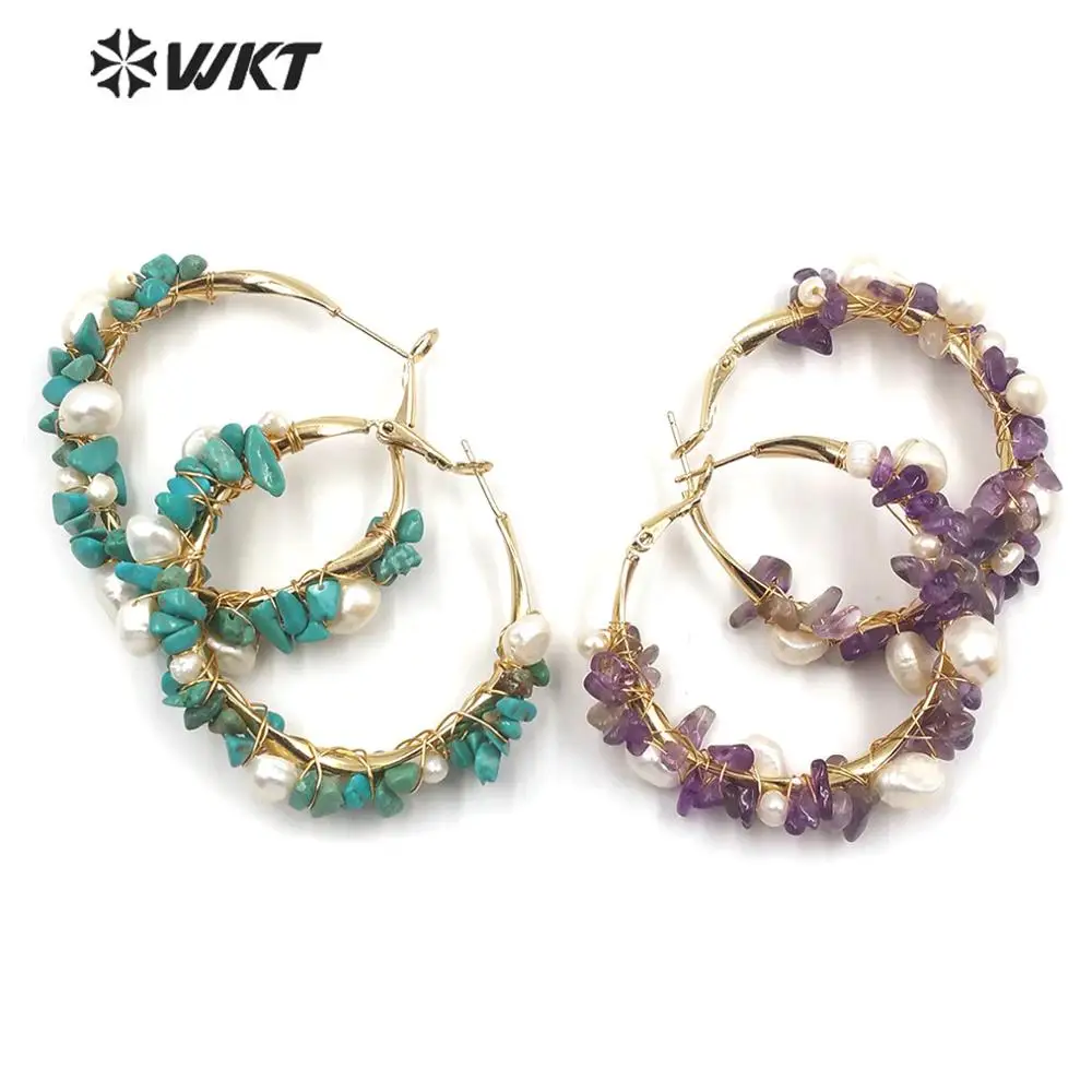 

WT-E607 Natural gravel stone earring multi colors stone with pearl earring gold Electroplated dangle earring woman bohe jewelry