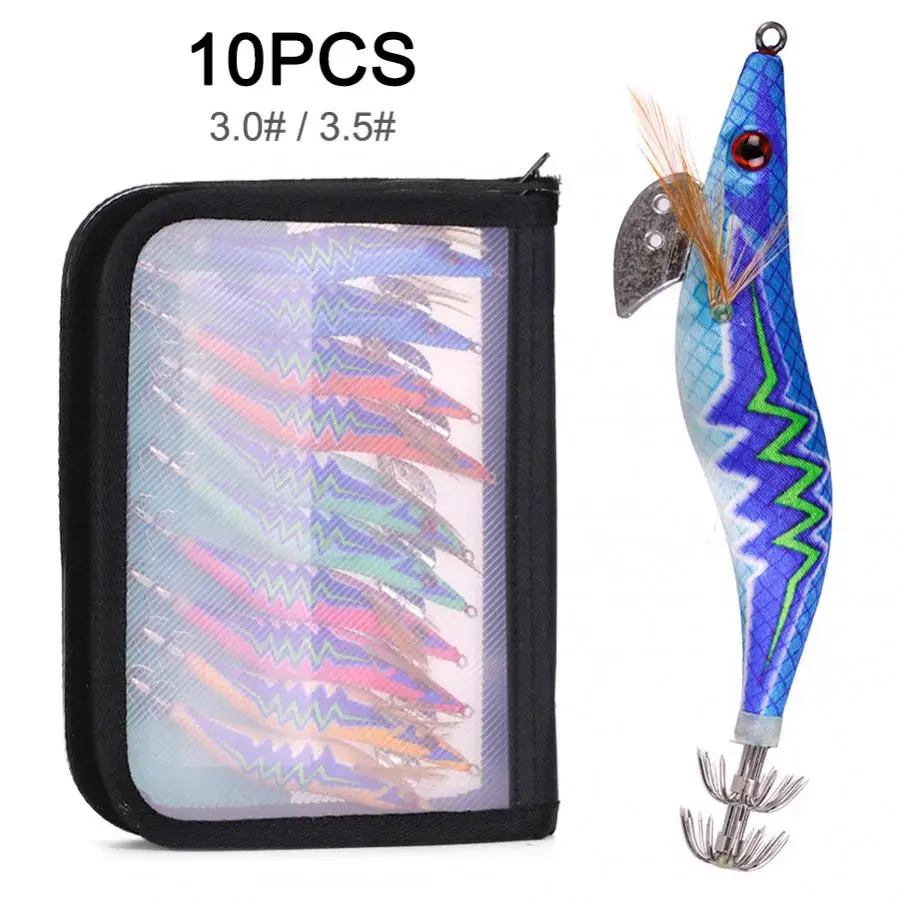 

10pcs/set Squid Bait Hook 3.0# 3.5# 15g 20g Wooden Shrimp Jig Fishing Lures Hooks Wood Artificial Luminous Jigging Lure with Bag