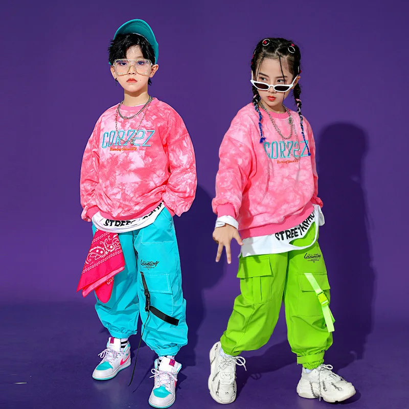 Kid Hip Hop Clothing Pink Tie Dye Sweatshirt Top Casual Cargo Jogger Pants for Girl Boys Jazz Dance Costume Clothes Outfits Set