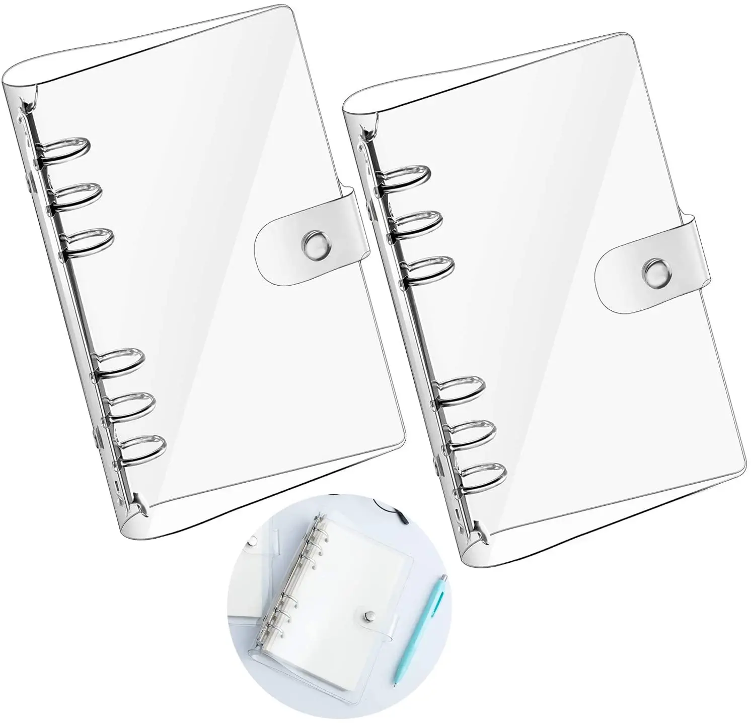 A5/A6 Transparent PVC Soft 6-Ring Binder Cover Snap Button Closure Clear Loose Leaf Folder Notebook Round Ring Binder Cover