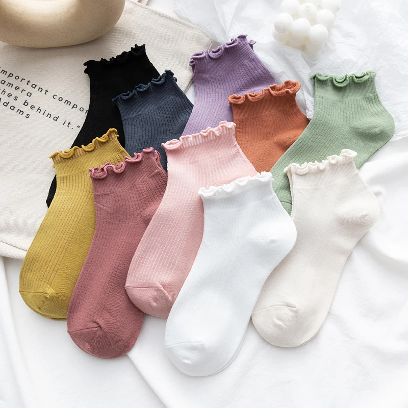 

5 pairs of women's solid color socks fashion lovely candy ruffled ship socks summer Girls College happy funny cotton socks